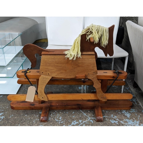 481 - ROCKING HORSE, 120cm x 50cm x 80cm, vintage 1950s pine with wool work mane.