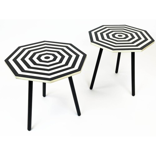 486 - LAMP TABLES, a pair, 1970s Italian design, octagonal inlaid tops on tripod metal legls, 47cm H x 47c... 