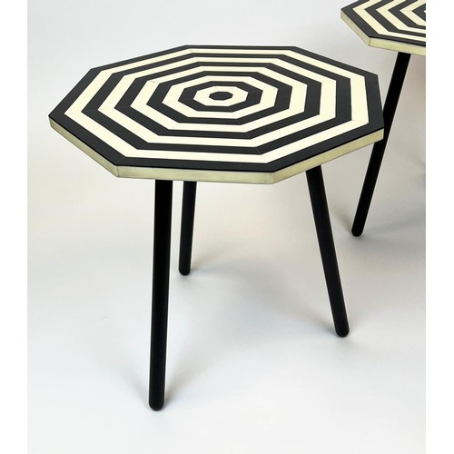 486 - LAMP TABLES, a pair, 1970s Italian design, octagonal inlaid tops on tripod metal legls, 47cm H x 47c... 