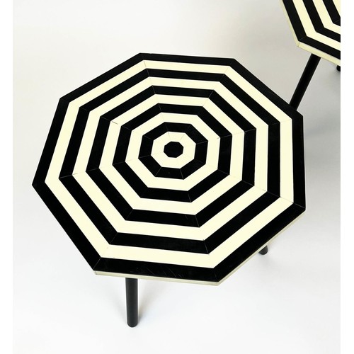 486 - LAMP TABLES, a pair, 1970s Italian design, octagonal inlaid tops on tripod metal legls, 47cm H x 47c... 