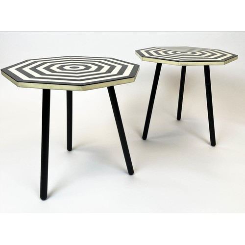 486 - LAMP TABLES, a pair, 1970s Italian design, octagonal inlaid tops on tripod metal legls, 47cm H x 47c... 