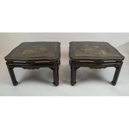 166 - LAMP TABLES, a pair, Chinese black lacquer, with shaped serpentine edge and cartouche tops with trad... 