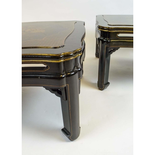 166 - LAMP TABLES, a pair, Chinese black lacquer, with shaped serpentine edge and cartouche tops with trad... 