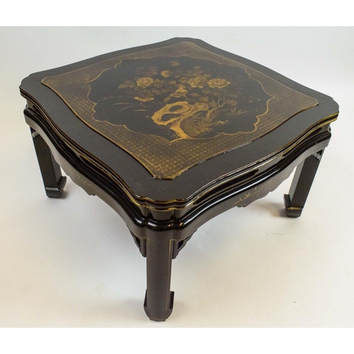 166 - LAMP TABLES, a pair, Chinese black lacquer, with shaped serpentine edge and cartouche tops with trad... 