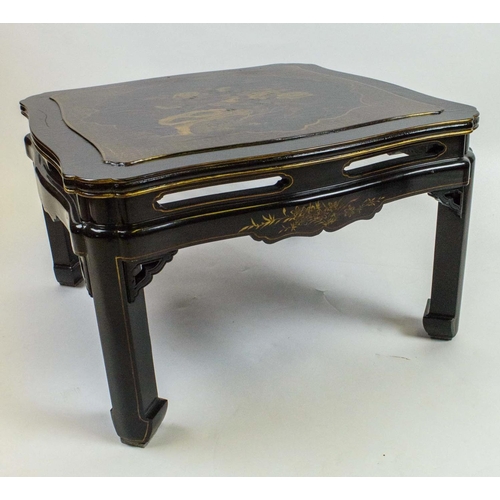 166 - LAMP TABLES, a pair, Chinese black lacquer, with shaped serpentine edge and cartouche tops with trad... 