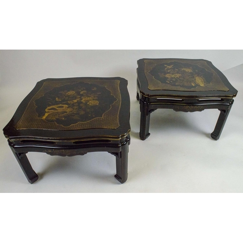 166 - LAMP TABLES, a pair, Chinese black lacquer, with shaped serpentine edge and cartouche tops with trad... 