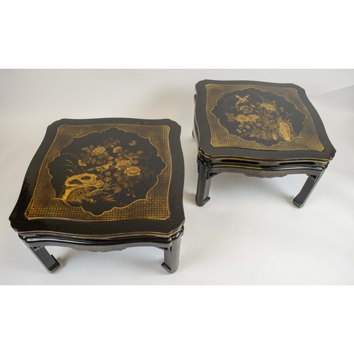 166 - LAMP TABLES, a pair, Chinese black lacquer, with shaped serpentine edge and cartouche tops with trad... 