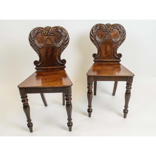 167 - HALL CHAIRS, a pair, William IV Mahogany with shaped acanthus carved backs on turned front legs, 81c... 