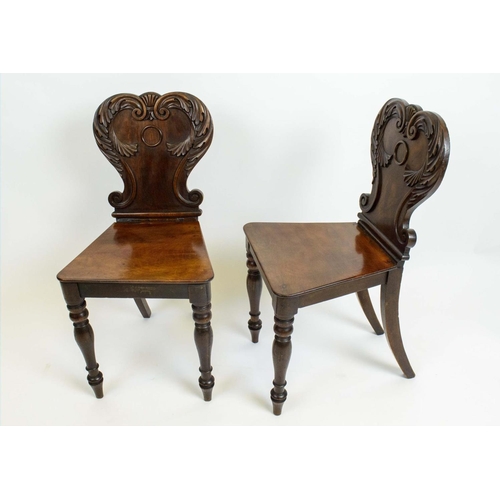 167 - HALL CHAIRS, a pair, William IV Mahogany with shaped acanthus carved backs on turned front legs, 81c... 