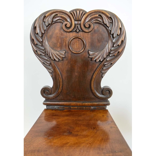 167 - HALL CHAIRS, a pair, William IV Mahogany with shaped acanthus carved backs on turned front legs, 81c... 