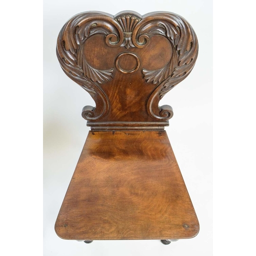 167 - HALL CHAIRS, a pair, William IV Mahogany with shaped acanthus carved backs on turned front legs, 81c... 