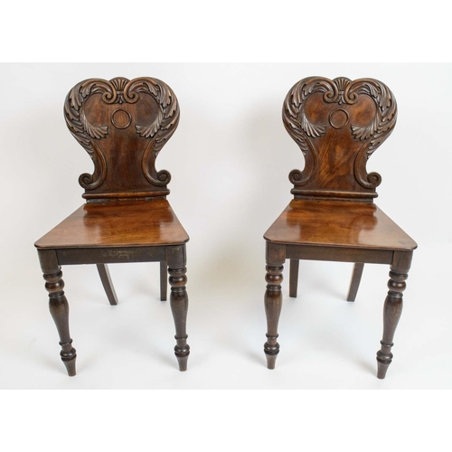 167 - HALL CHAIRS, a pair, William IV Mahogany with shaped acanthus carved backs on turned front legs, 81c... 