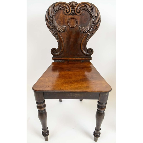 167 - HALL CHAIRS, a pair, William IV Mahogany with shaped acanthus carved backs on turned front legs, 81c... 