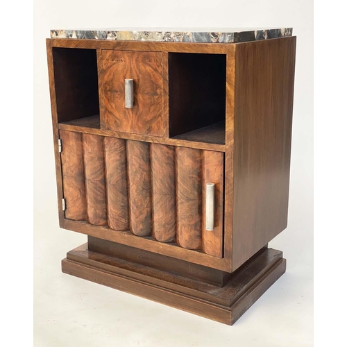 176 - ART DECO CABINETS, a pair, burr walnut and nickel mounted each with drawer, panelled door and marble... 