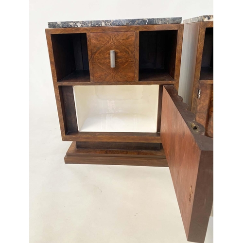 176 - ART DECO CABINETS, a pair, burr walnut and nickel mounted each with drawer, panelled door and marble... 