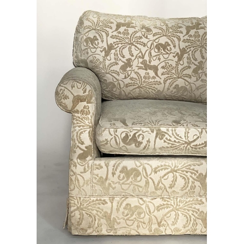 179 - SOFA, two seater with feather cushions and cut monkeys in trees fabric, (converts to bed) Approx  15... 