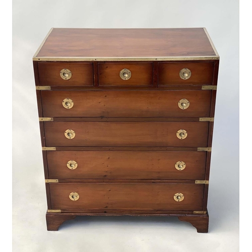 180 - CAMPAIGN STYLE CHEST, brass bound with three short above four long drawers, 76cm x 90cm H x 46cm.