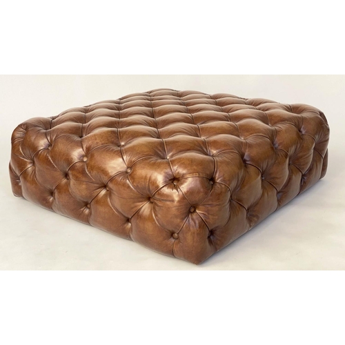 184 - HEARTH/CENTRE STOOL, square Timothy Oulton style allover buttoned tan leather, 105cm x 105cm x 38cm ... 