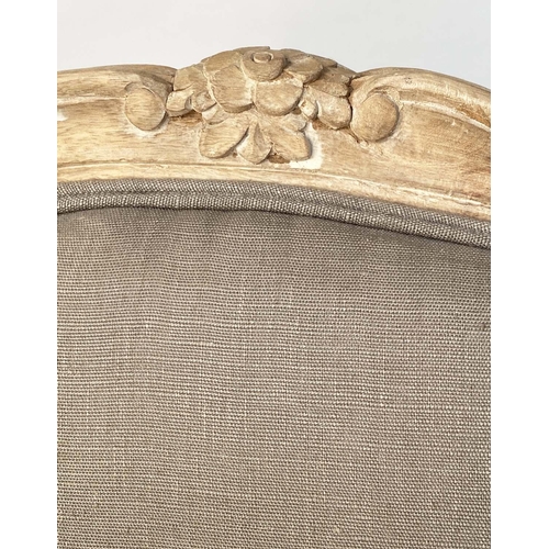 186 - WING ARMCHAIRS, a pair, French style carved with taupe grey natural linen upholstery, 67cm W. (2)