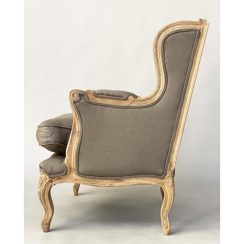 186 - WING ARMCHAIRS, a pair, French style carved with taupe grey natural linen upholstery, 67cm W. (2)