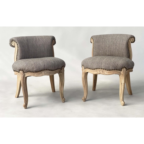 188 - COCKTAIL CHAIRS, a pair, French style carved with studded charcoal/natural ticking, 48cm W. (2)