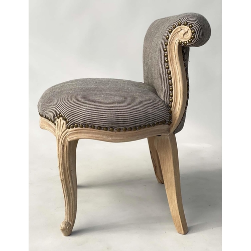 188 - COCKTAIL CHAIRS, a pair, French style carved with studded charcoal/natural ticking, 48cm W. (2)