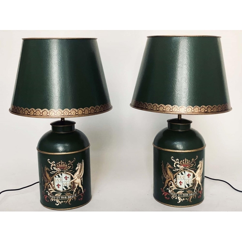 193 - CANISTER LAMPS, a pair, antique style toleware, tea canister form each with Royal Coat of arms and s... 