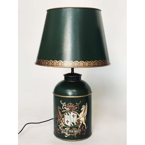 193 - CANISTER LAMPS, a pair, antique style toleware, tea canister form each with Royal Coat of arms and s... 