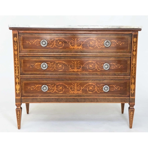 194 - NORTH ITALIAN STYLE COMMODE, walnut, kingwood and satinwood marquetry with three long drawers and va... 