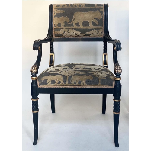 196 - ANDREW MARTIN ARMCHAIRS, a pair, Regency style lacquered and gilded with safari cut velvet upholster... 