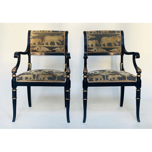 196 - ANDREW MARTIN ARMCHAIRS, a pair, Regency style lacquered and gilded with safari cut velvet upholster... 