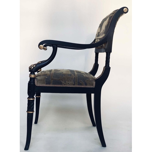 196 - ANDREW MARTIN ARMCHAIRS, a pair, Regency style lacquered and gilded with safari cut velvet upholster... 