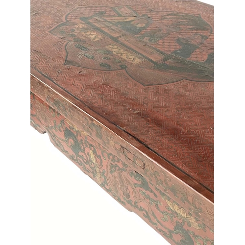 199 - ALTAR/SCRIBES TABLE, 19th century Chinese scarlet lacquered painted and incised with scroll ends, 13... 