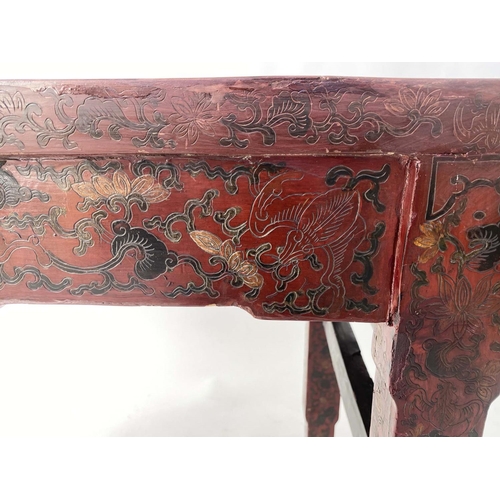 199 - ALTAR/SCRIBES TABLE, 19th century Chinese scarlet lacquered painted and incised with scroll ends, 13... 