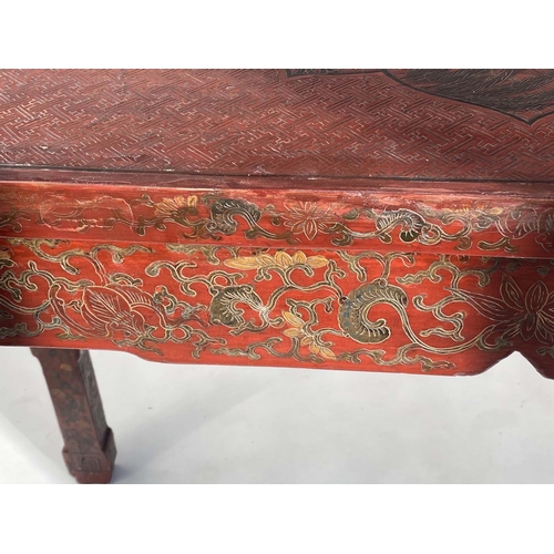 199 - ALTAR/SCRIBES TABLE, 19th century Chinese scarlet lacquered painted and incised with scroll ends, 13... 