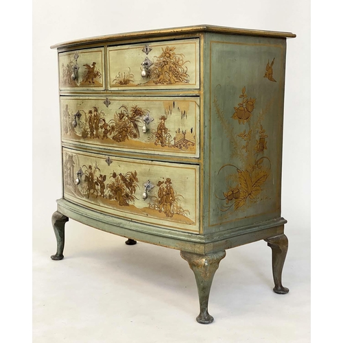 202 - CHINOISERIE CHEST, early 20th century bow front silver grey Chinoiserie hand painted with three long... 