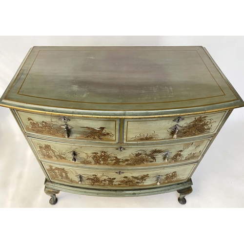 202 - CHINOISERIE CHEST, early 20th century bow front silver grey Chinoiserie hand painted with three long... 