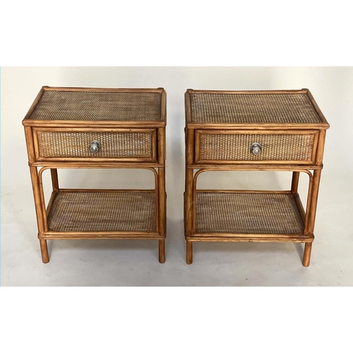 203 - BAMBOO LAMP TABLES, a pair, cane panelled each with drawer and undertier, 42cm x 30cm x 52cm H. (2)