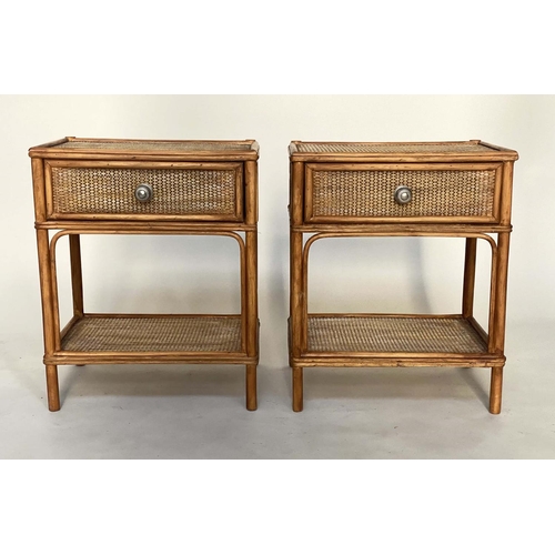 203 - BAMBOO LAMP TABLES, a pair, cane panelled each with drawer and undertier, 42cm x 30cm x 52cm H. (2)