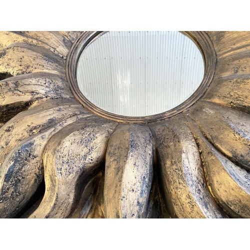 206 - ALAN WALLIS SUNBURST MIRROR, large scale, with bevelled circular plate and resin moulded gilded sunb... 