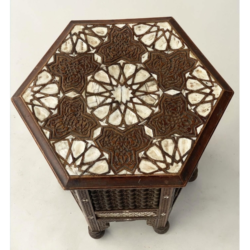 209 - LAMP TABLE, early 20th century Syrian hexagonal bone and mother of pearl star inset and conforming s... 