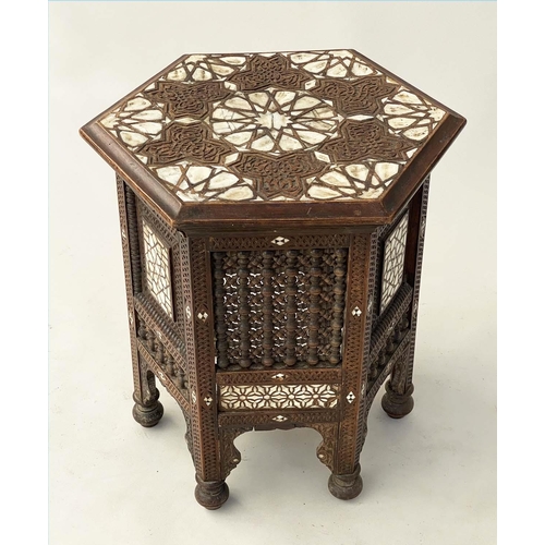 209 - LAMP TABLE, early 20th century Syrian hexagonal bone and mother of pearl star inset and conforming s... 