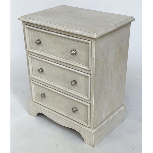 211 - BEDSIDE CHESTS, a pair, grey painted each with three drawers, 47cm W x 32cm D x 58cm H. (2)