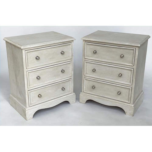 211 - BEDSIDE CHESTS, a pair, grey painted each with three drawers, 47cm W x 32cm D x 58cm H. (2)