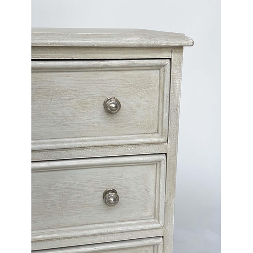 211 - BEDSIDE CHESTS, a pair, grey painted each with three drawers, 47cm W x 32cm D x 58cm H. (2)