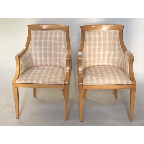 212 - ARMCHAIRS BY FOX LINTON, a pair, Biedermeier style with birch frames and checked linen upholstery, 5... 