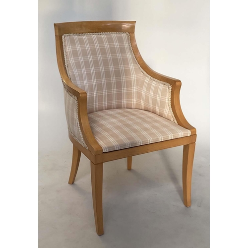 212 - ARMCHAIRS BY FOX LINTON, a pair, Biedermeier style with birch frames and checked linen upholstery, 5... 