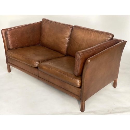 382 - DANISH SOFA, 1970s grained mid brown leather two seater with teak supports, 146cm W.