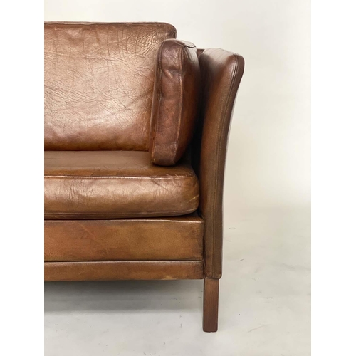 382 - DANISH SOFA, 1970s grained mid brown leather two seater with teak supports, 146cm W.