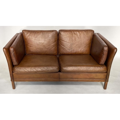 382 - DANISH SOFA, 1970s grained mid brown leather two seater with teak supports, 146cm W.